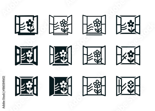 Fresh Air Icons. Opening the windows for fresh air. Icon set. Set Logo of opening the windows for fresh air: flower near open window. harmonious logo