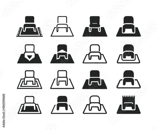 Rug Centering Icons. Placing a rug in the center of the room. Icon set. Set Logo of Placing a rug in the center of the room: rug and chair arrangement.