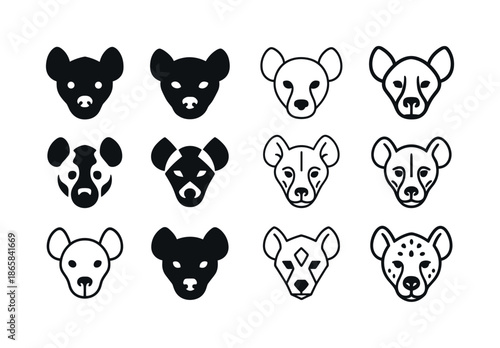 Hyena Logo Set. Hyenas. Icon set. Set Logo of hyenas: hyena snout mark. harmonious logo variations of the same emblematic concept, each with different artistic