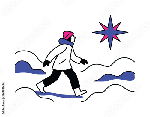 Winter Walk Towards Star. Frozen landscape. A lone figure in a winter coat walks through abstract snowdrifts toward a floating northern star icon. Modern