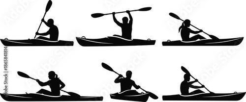 Collection of scuba diver silhouettes in various underwater swimming positions with tanks, fins, masks, and gear, showing ocean exploration activity