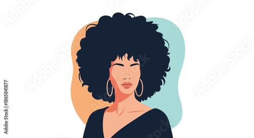 Stylish black woman with a large afro hairstyle and gold hoop earrings stands confidently against a colorful abstract background.