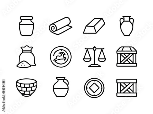 Ancient Trade Goods Icons. Ancient trade goods. Line icon set of Ancient trade goods: spice jar, silk roll, metal ingot, clay amphora, grain sack, trade seal,