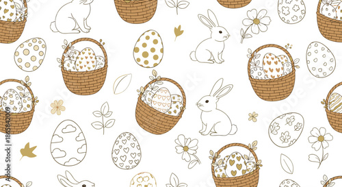Hand drawn seamless pattern featuring cute Easter bunnies, decorated eggs in wicker baskets, and spring flowers in a minimalist style.