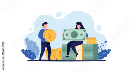 Man and woman managing their finances by handling large stacks of gold coins and giant dollar bills in a flat illustration style.