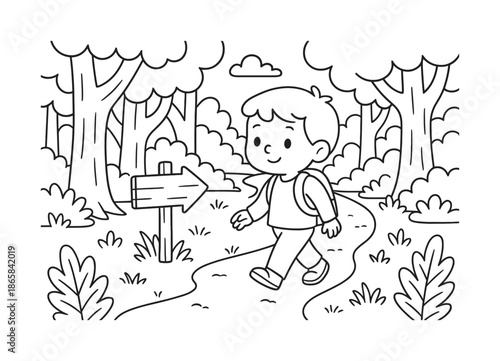 Forest Path Coloring. Forest walkway children?s coloring book illustration, outlined drawing, child following a simple wooden sign pointing to a cozy path,