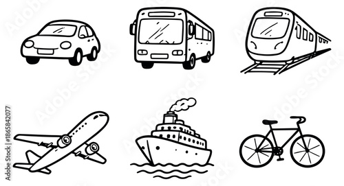 Hand drawn line art vehicle set featuring a car, bus, train, airplane, ship, and bicycle for travel and journey concepts