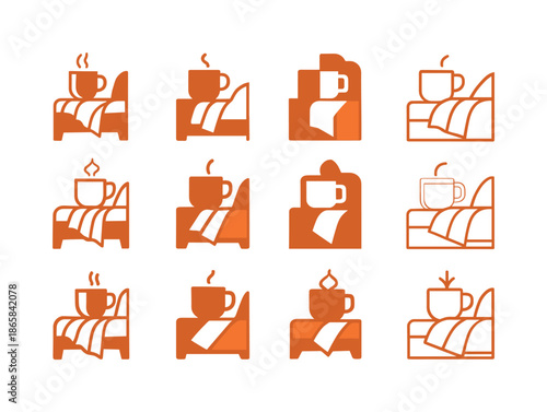 Bedside Cozy Icons. A warm cup of tea or milk by the bedside. Icon set. Set Logo of a warm cup of tea or milk by the bedside: cozy blanket corner + mug.