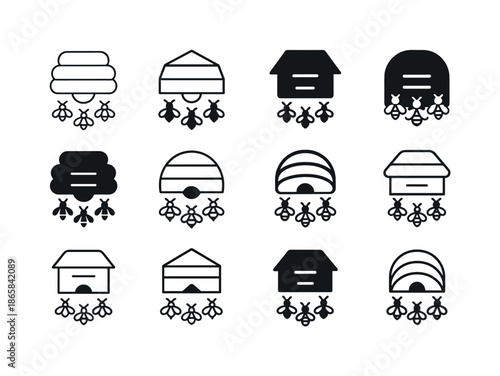 Beekeeping Icon Set. Beekeeping and Pollination. Icon set. Set Logo of Beekeeping and Pollination: hive entrance with bees. harmonious logo variations of the