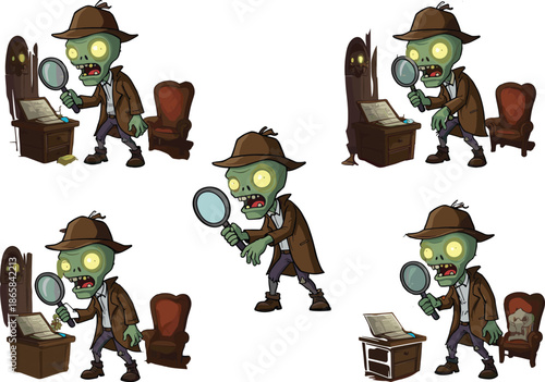 Cartoon zombie detective inspecting clues with magnifying glass in spooky office, funny horror investigator character illustration for Halloween mystery theme