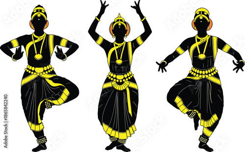Classical Indian Bharatanatyam dancer silhouettes in traditional costume and jewelry illustration for culture, heritage, festival art and performing arts design