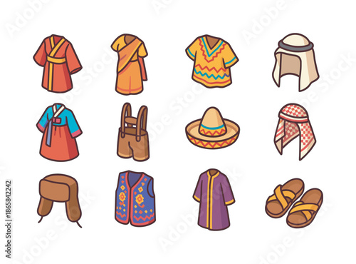 Colorful Ethnic Costume Icons. Ethnic costumes. Colorful isometric vector icons set of ethnic costumes: kimono, sari, poncho, dashiki, hanbok, lederhosen,
