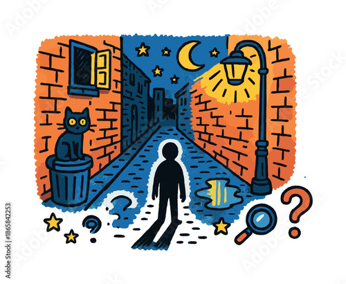 Mysterious Night Alley. Mysterious alley at night. Colorful Hand-drawn doodle Children illustration Mysterious alley at night narrow street, brick wall, trash