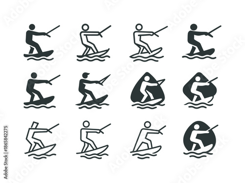 Wakeboarding Logo Variations. Wakeboarding. Icon set. Set Logo of wakeboarding: wakeboard. harmonious logo variations of the same emblematic concept, each with