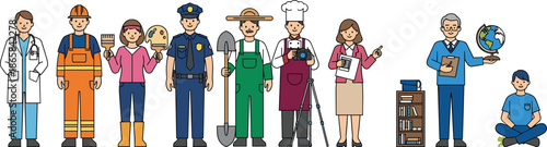 Diverse profession characters illustration showing doctor worker artist police farmer chef teacher and student for education career guidance design