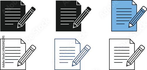 Document with pencil icon set in outline and filled styles, edit file symbol collection for writing and content creation design
