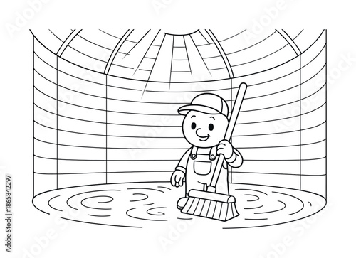 Silo Coloring Fun. Inside view of empty silo children?s coloring book illustration, outlined drawing, round interior with cartoon floor sweeper and gentle