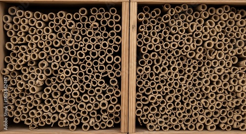 Numerous hollow reeds are tightly packed within two adjacent wooden compartments