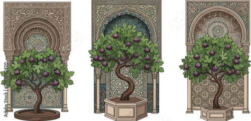 Set of ornamental fig trees in decorative Islamic arch backgrounds with ripe purple fruits and detailed vintage floral patterns