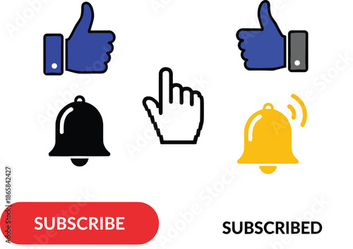 Subscribe and notification icons set with thumbs up like buttons, alert bells and cursor click symbols for social media