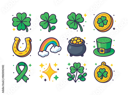 Lucky Charm Icons. Four-leaf clover. Colorful isometric vector icons set of four-leaf clover: lucky clover, clover leaf, shamrock, golden coin, horseshoe,