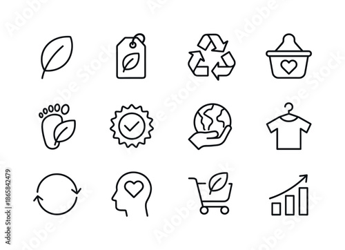 Eco Consumer Icons. consumer behavior. Line icon set of consumer behavior: sustainable choice leaf, eco product label, recyclable symbol, ethical shopping