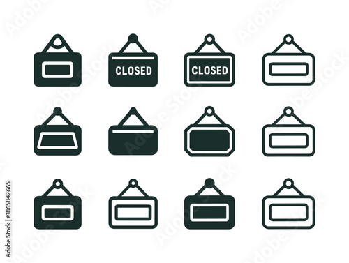 Business Closure Logos. Company going out of business. Icon set. Set Logo of Company going out of business: closed signboard. harmonious logo variations of the