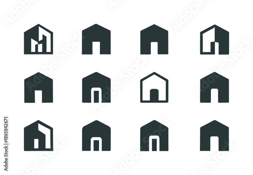 Monolithic Logo Designs. Monolithic building. Icon set. Set Logo of monolithic building: massive block entrance. harmonious logo variations of the same