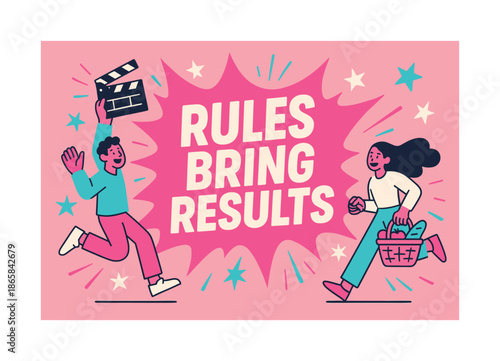 Rules Bring Results. Rules bring results banner, flat vector illustration, bold oversized text inside splash explosion banner, cartoon characters jumping and