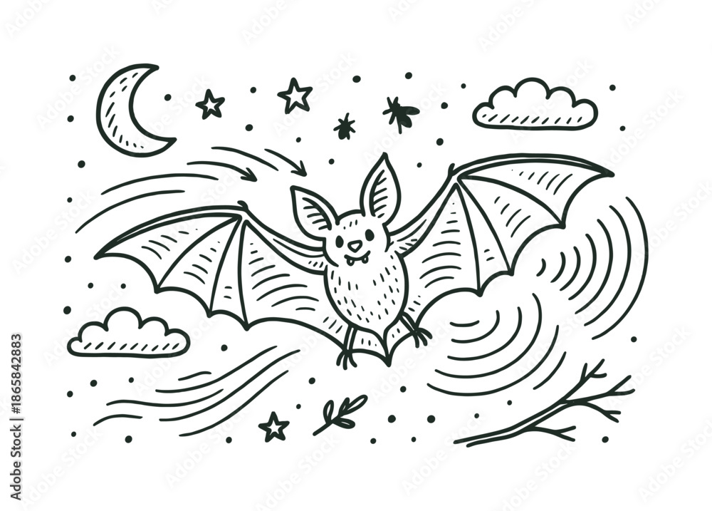 Obraz premium Bat's Night Flight. Bat flight. Hand-drawn doodle illustration Bat flight bat wings open, airflow lines, motion arrows, moon, stars, clouds, insect