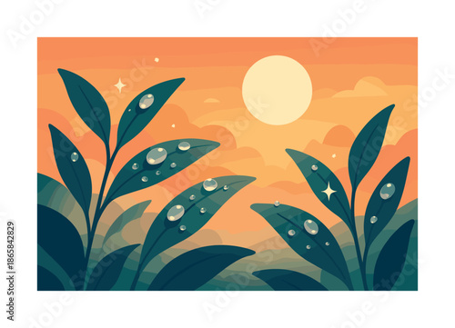 Dew-Kissed Sunrise. Morning Dew. Soft sunrise glow over leaves dotted with shimmering droplets; tiny beams refracting like crystals. Gentle breeze lifting