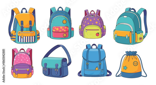 Colorful collection of school bags and backpacks in a playful doodle style