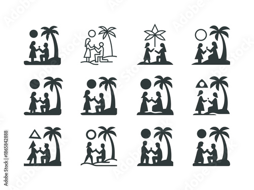 Vacation Engagement Icons. Engagement on vacation. Icon set. Set Logo of engagement on vacation: beach proposal moment. harmonious logo variations of the same