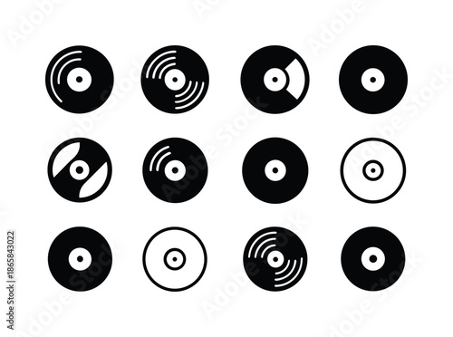 Harmonious Vinyl Logos. song. Icon set. Set Logo of song: vinyl record. harmonious logo variations of the same emblematic concept, each with different artistic