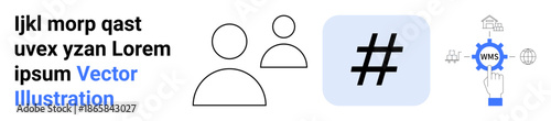 User profile icons, metadata tag in square, gear with workflow label, and networks. Ideal for teamwork, social media, connectivity, technology, profile management data sharing simple landing page