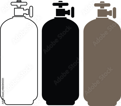 Set of three  gas cylinders one is simple line drawing the other is silhouette in black and third is in grey color silhouette on a white background. 