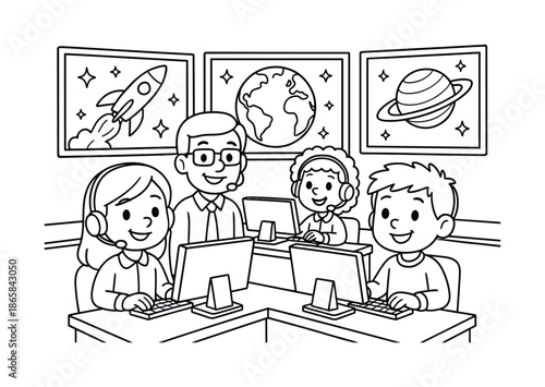 Space Mission Coloring Page. Mission control team children?s coloring book illustration, outlined drawing, friendly engineers and scientists at computer desks