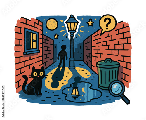 Mysterious Night Alley. Mysterious alley at night. Colorful Hand-drawn doodle Children illustration Mysterious alley at night narrow street, brick wall, trash