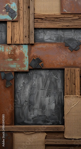 Mixed media wall covering features aged wood planks, rusted metal panels, textured fabric, and painted plaster sections
