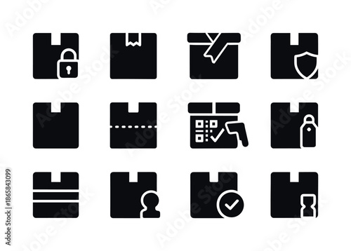 Parcel Security Icons. Parcel security. Solid icon set of parcel security: lock sticker, tamper-evident seal, security tape, shield icon, sealed