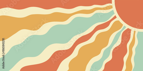 Groovy retro sun burst shines across wavy yellow and orange background. Sunshine with graphic ray and y2k feeling in horizontal orientation, vibrant concept for bold sunshine artwork.