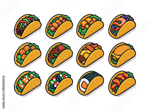 Fusion Tacos Icons. Fusion tacos. Colorful isometric vector icons set of Fusion tacos: Korean BBQ taco, teriyaki chicken taco, vegan tofu taco, shrimp taco,