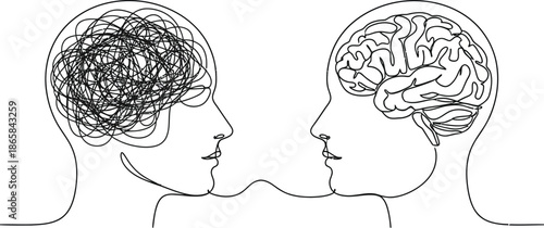 Cartoon brainstorming and mental problem solving, psychotherapy Concept. Complete and total confusion or lack of order. Brains with tangled knot and order in one man's head. Scribbles. Chaos path.

