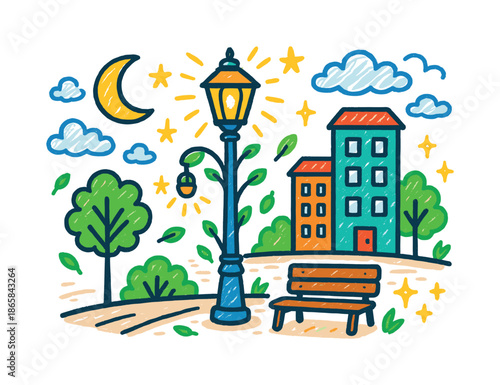 Whimsical Urban Lamp Post. Urban Lamp Post. Colorful Hand-drawn doodle Children illustration lamp post, buildings, trees, sidewalk, glow lines, stars, moon,
