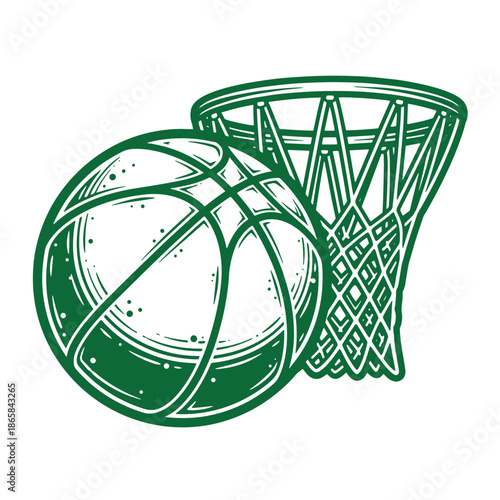 Green illustration of a basketball and hoop  sports equipment and facilities