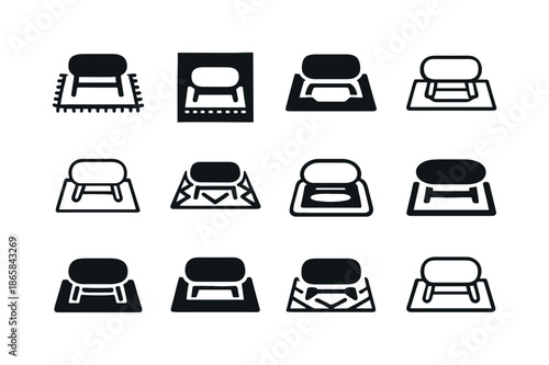 Rug Placement Icons. Placing a rug in the center of the room. Icon set. Set Logo of Placing a rug in the center of the room: rug under coffee table. harmonious