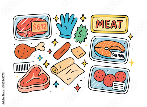 Colorful Meat Packaging. Meat Packaging. Colorful Hand-drawn doodle Children illustration Meat Packaging trays, labels, shrink wrap, gloves, butcher paper,