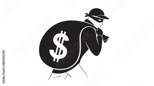 Thief with Dollar Sign Bag in Black Silhouette with Dramatic Lighting on White Background for Financial Crime Illustration
