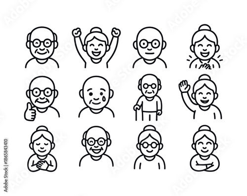 Grandparent Icon Set. Grandparent expressions. Line icon set of grandparent expressions: smiling grandpa, cheering grandma, camera-ready face, clapping joy,