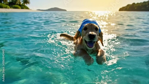 A cute Golden Retriever wearing a blue swimming cap paddling in crystal clear ocean water, representing summer fun.